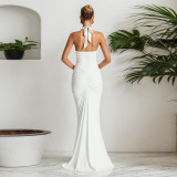 Women Elegant Halter Neck V-neck Bcakless Lace-up Gathered Maxi Dress