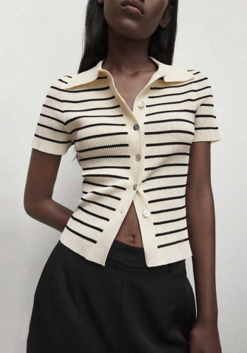 Autumn Winter Turndown Collar Slim Fit Striped Short Sleeve Women Knit Cardigan