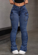 Women's Denim Side Pleats Mid Waist Elastic Dark Blue Cargo Stacked Pants Women's Denim Side Pleats Mid Waist Elastic Dark Blue Cargo Stacked Pants