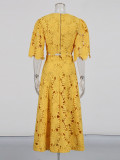 Women's Summer Elegant Embroidered Hollow Round Neck Top Fashion High Waist Skirt Two-Piece Set