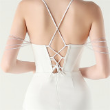 Women beaded fishbone Lace-Up pleated V Neck Formal Party sling evening dress