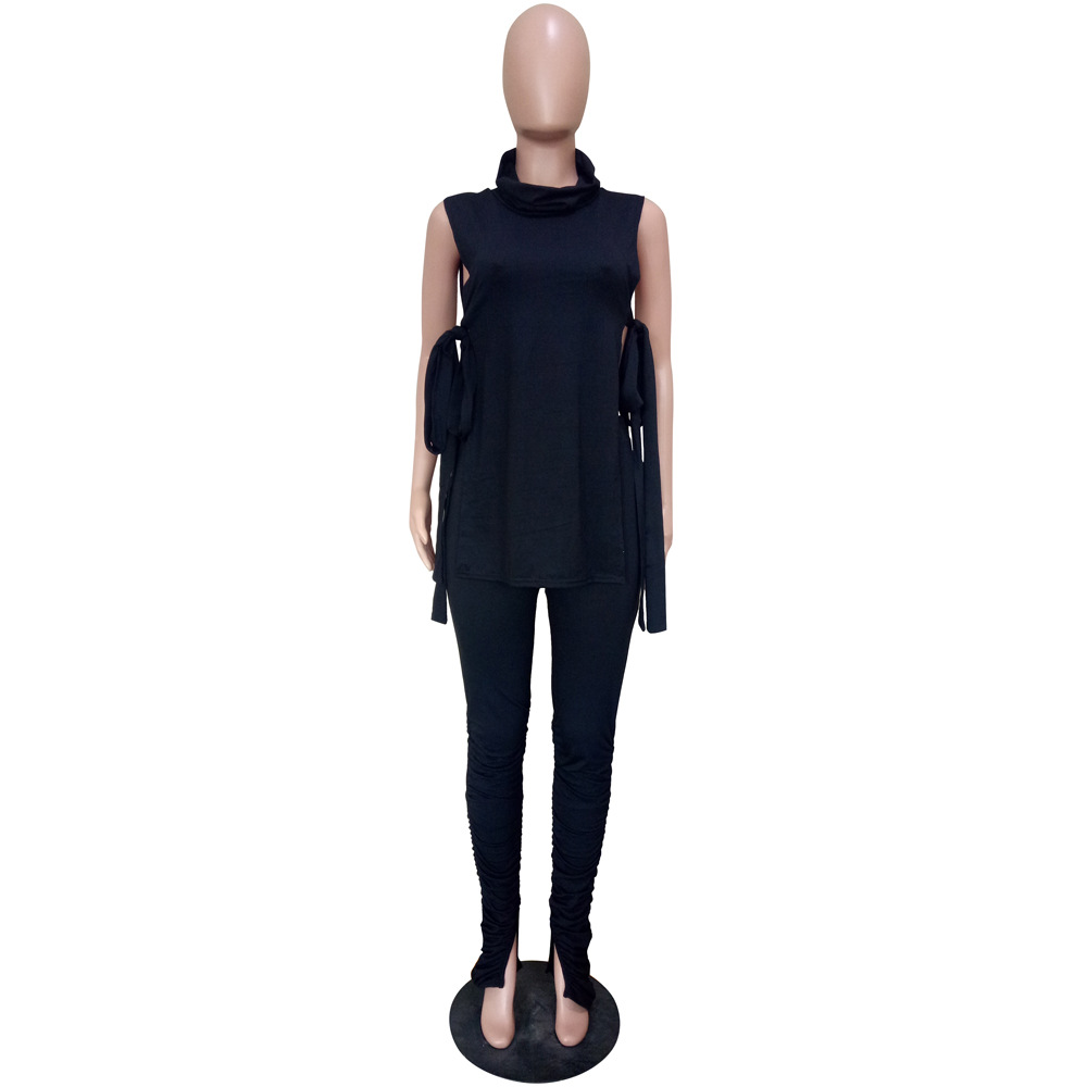 Women's Spring Summer Fashion Sexy Solid Side Lace-Up Two-Piece Pants Set