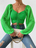 Summer V-Neck Chiffon Drawstring Lantern Sleeves Fashion Sexy Shirt