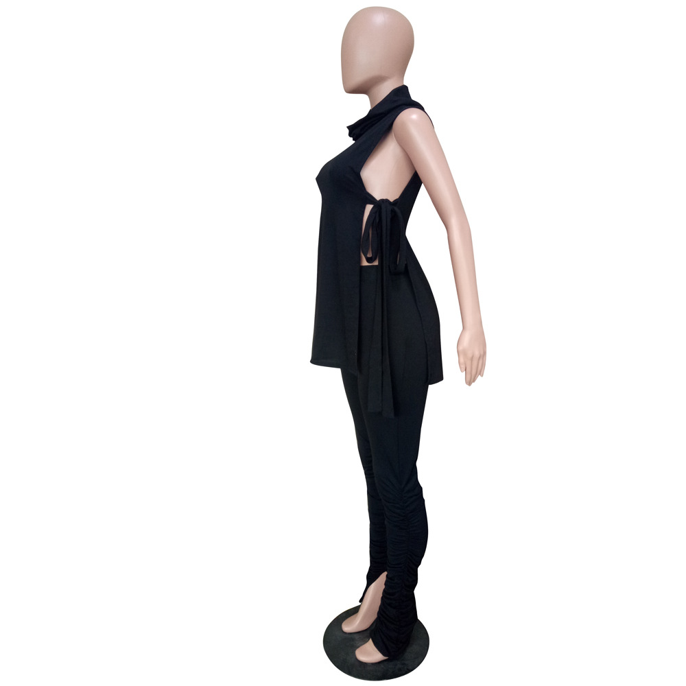 Women's Spring Summer Fashion Sexy Solid Side Lace-Up Two-Piece Pants Set