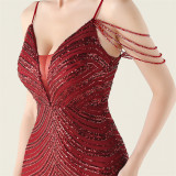 Plus Size Women V Neck Wave Gradient Beaded Beaded Formal Party Evening Dress