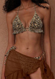 Women's Halter Neck Lace-Up Leopard Sexy Low Back Bikini Cover-Up Three-Piece Set