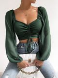 Summer V-Neck Chiffon Drawstring Lantern Sleeves Fashion Sexy Shirt