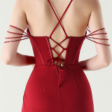 Women beaded fishbone Lace-Up pleated V Neck Formal Party sling evening dress