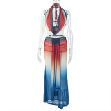 Women's Mesh Holidays Casual Halter Low Back Gradient Color Two-Piece Skirt Set