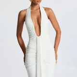 Women Elegant Halter Neck V-neck Bcakless Lace-up Gathered Maxi Dress