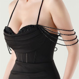 Women beaded fishbone Lace-Up pleated V Neck Formal Party sling evening dress