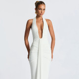 Women Elegant Halter Neck V-neck Bcakless Lace-up Gathered Maxi Dress