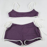 Women Contrast Sexy Open Waist Casual Suspender Top and Shorts Two-piece Set