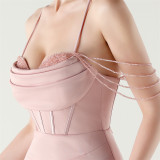 Women beaded fishbone Lace-Up pleated V Neck Formal Party sling evening dress