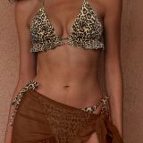 Women's Halter Neck Lace-Up Leopard Sexy Low Back Bikini Cover-Up Three-Piece Set
