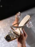 Women Square Toe Diamond Block Heel High Heel Open Toe Sandals