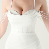 Women beaded fishbone Lace-Up pleated V Neck Formal Party sling evening dress