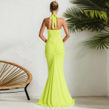 Women Elegant Halter Neck V-neck Bcakless Lace-up Gathered Maxi Dress