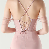 Women beaded fishbone Lace-Up pleated V Neck Formal Party sling evening dress