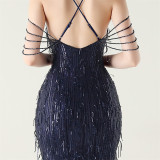 Women clothing beaded tube embroidery tassel sequins beaded Formal Party evening dress