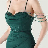 Women beaded fishbone Lace-Up pleated V Neck Formal Party sling evening dress