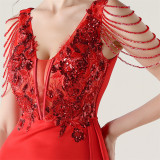 Women Beaded Tube Embroidery Beaded Fishbone Waist Formal Party Evening Dress