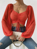 Summer V-Neck Chiffon Drawstring Lantern Sleeves Fashion Sexy Shirt