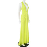 Women Elegant Halter Neck V-neck Bcakless Lace-up Gathered Maxi Dress