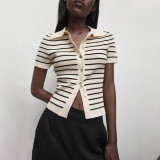 Autumn Winter Turndown Collar Slim Fit Striped Short Sleeve Women Knit Cardigan