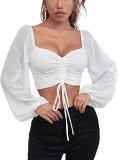 Summer V-Neck Chiffon Drawstring Lantern Sleeves Fashion Sexy Shirt