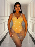 Women Beaded Stretchy Net Sexy Mesh Suspender V-Neck Dress