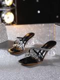 Women Square Toe Diamond Block Heel High Heel Open Toe Sandals
