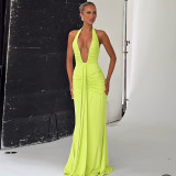 Women Elegant Halter Neck V-neck Bcakless Lace-up Gathered Maxi Dress