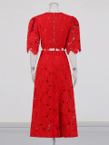 Women's Summer Elegant Embroidered Hollow Round Neck Top Fashion High Waist Skirt Two-Piece Set