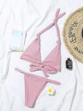Women Solid Color Knotted Triangle Lace-up Bikini Two-Piece Swimsuit