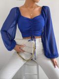 Summer V-Neck Chiffon Drawstring Lantern Sleeves Fashion Sexy Shirt