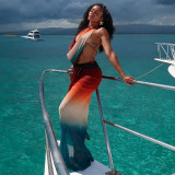 Women's Mesh Holidays Casual Halter Low Back Gradient Color Two-Piece Skirt Set