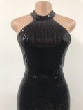 Women stand collar block sequined sexy backless evening dress