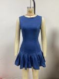 Women Sexy Sleeveless Pleated Denim Dress