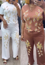 Women Beaded Short Sleeve Top and Pants Two-Piece Set Women Beaded Short Sleeve Top and Pants Two-Piece Set