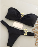 Women Sexy Bikini Solid Metal Two Pieces Swimwear