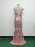 Women beaded sequin fishbone Lace-Up See-Through evening dress