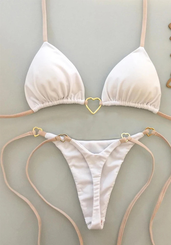 Women Metal Halter Neck Sexy Solid Two Pieces Swimwear