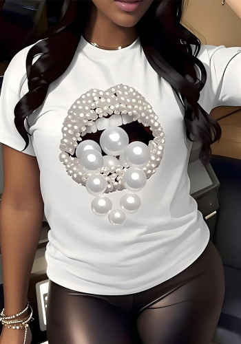Women Summer Pearl Lips Hip-Hop Rock Sexy Crop T-shirt