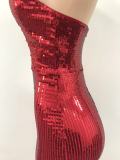 Women stand collar block sequined sexy backless evening dress