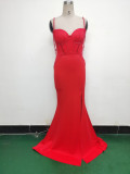 Women lace mesh herringbone Lace-Up beaded Formal Party evening dress
