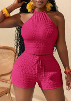 Women Sexy Knitting Hollow Halter Neck Lace-Up Top and Shorts Two-piece Set Women Sexy Knitting Hollow Halter Neck Lace-Up Top and Shorts Two-piece Set