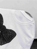 Women Round Neck Short Sleeve Sequin Bow Trend Summer T-shirt