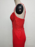 Women lace mesh herringbone Lace-Up beaded Formal Party evening dress