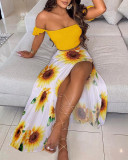 Women Summer French Bohemian Print Strapless Top and Skirt Two-Piece Set